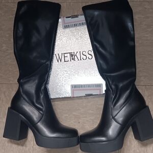 Kiss Black Platform Block Heel Knee Boots - Women's